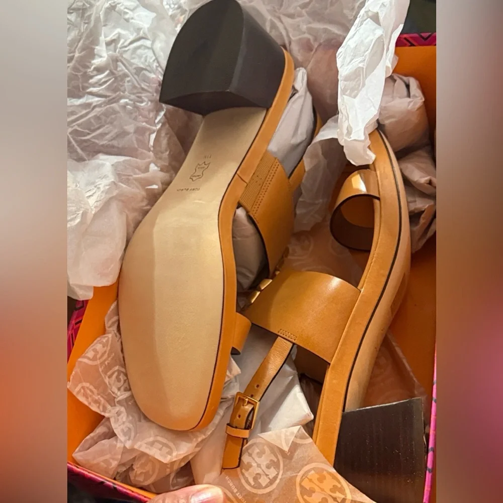 New in box Tory Burch ELEANOR HEEL SANDAL 55MM LEATHER size 11 BRANDY / GOLD 200